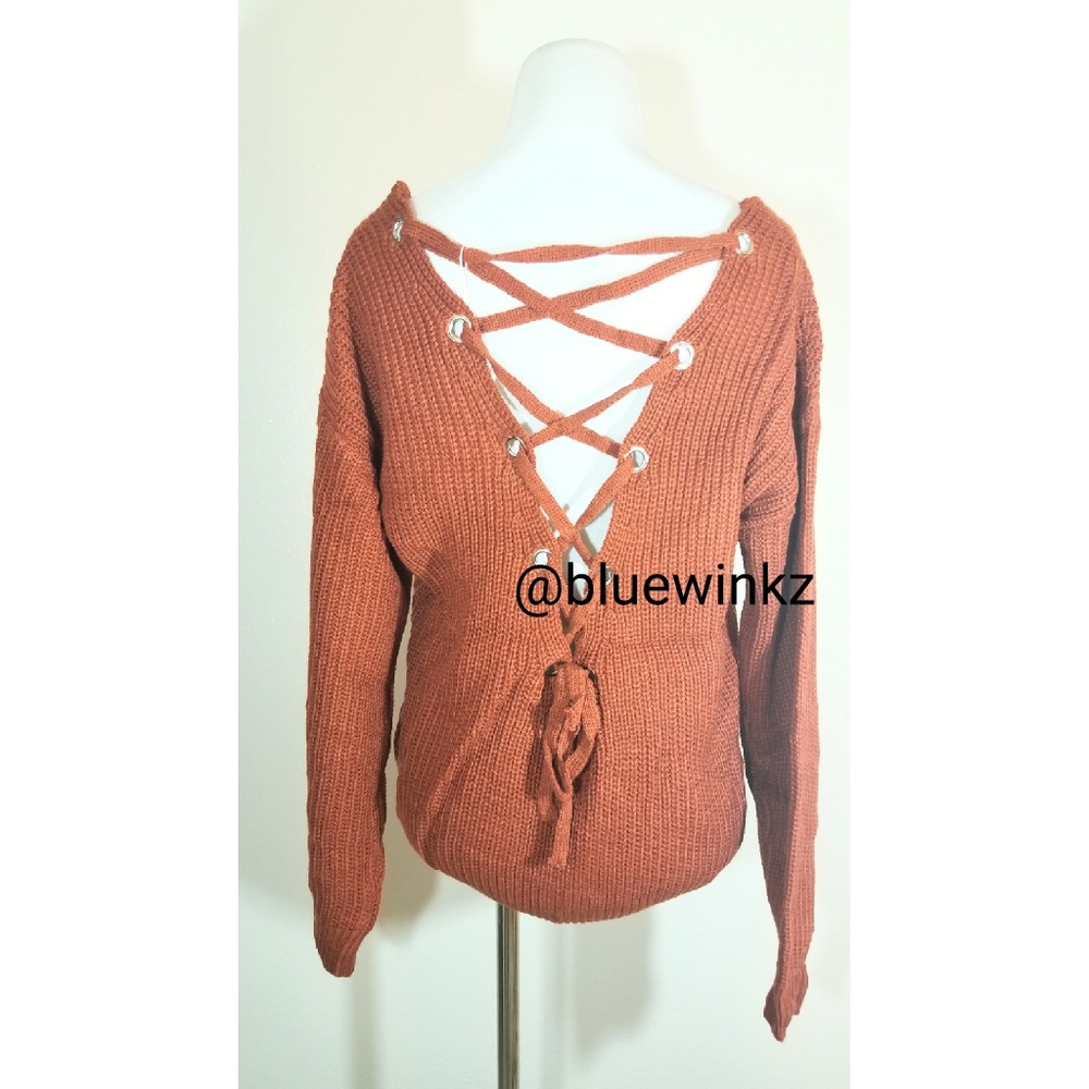 Brown Laced-Up Back Knit Top - Picture 6 of 7
